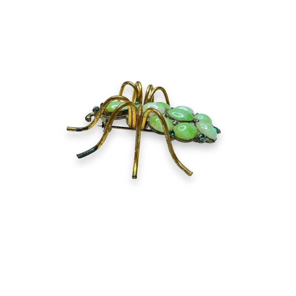 Art Nouveau Jadeite Brass Spider Brooch Green Crystal - Picture 2 of 16